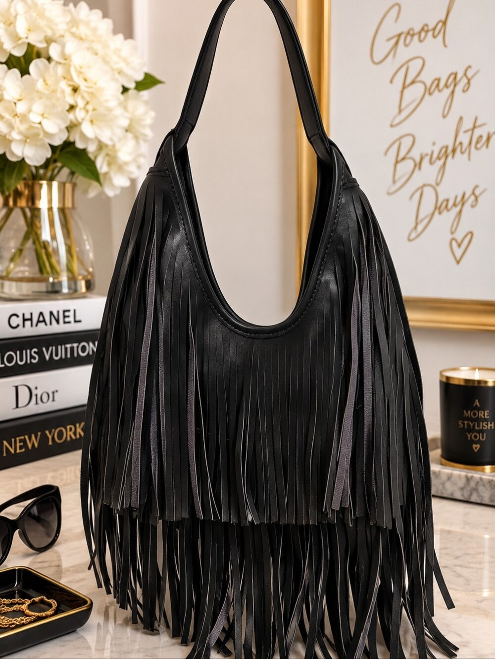 Black Fringe Hobo Shoulder Bag Boho Western Boutique NWOT